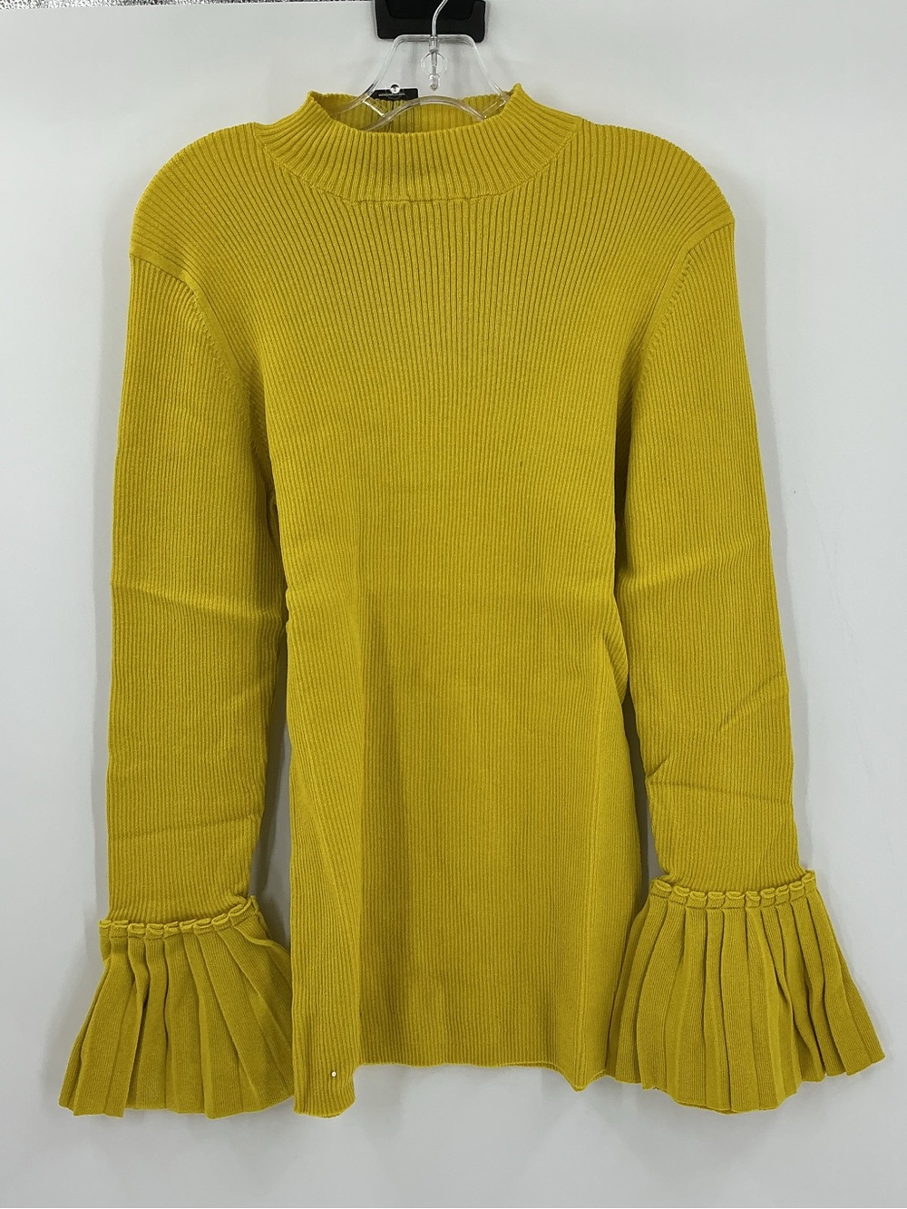 NWT Ribbed Mock Neck Sweater Pleated Bell Sleeves Mango Mint Yellow Size 14/16